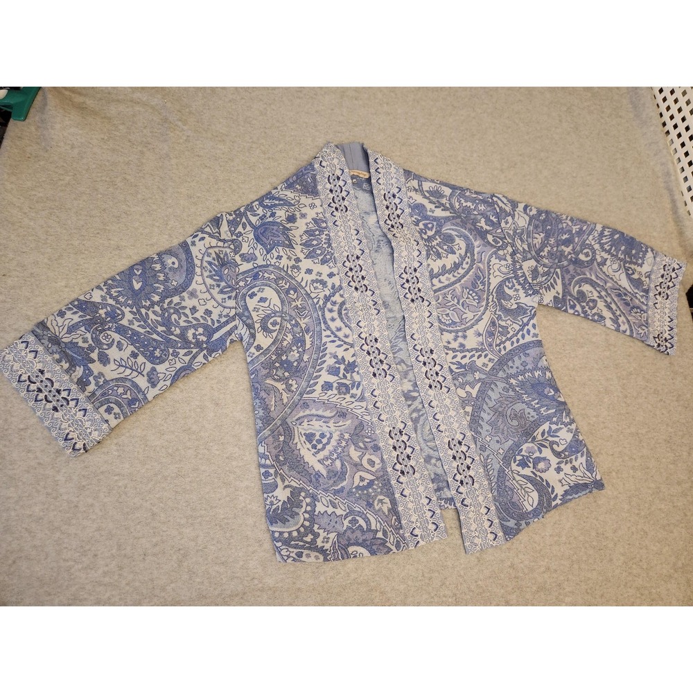 Soft Surroundings Kimono Jacket Womens XS Blue Paisley Embroidered Open Front